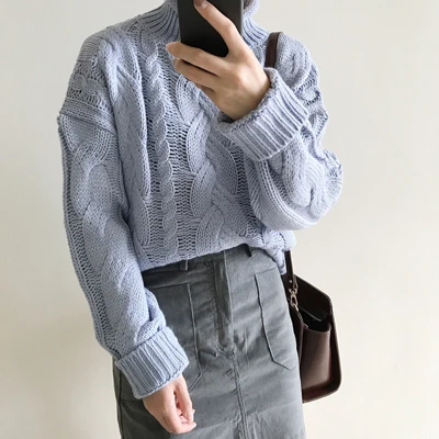Женский свитер Kawaii Ulzzang, новинка зимы, грубая шерсть, свободный свитер, женская одежда, пуловер, водолазка, вязаный джемпер для женщин - Цвет: Небесно-голубой