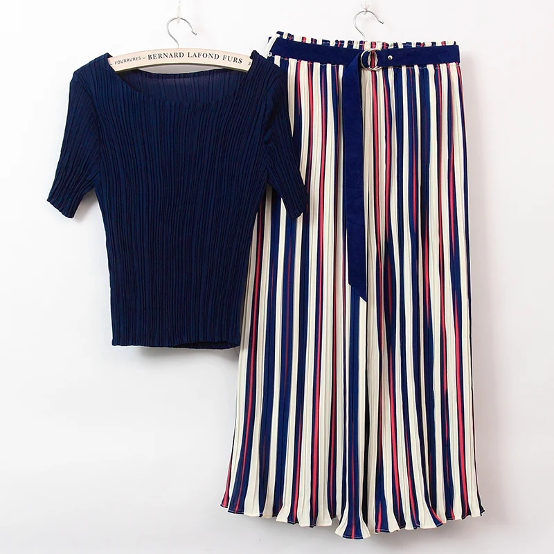 

Summer new elastic stripe wide-legged trousers Korean fashion solid top T shirt casual lady suits women outfit design vestido