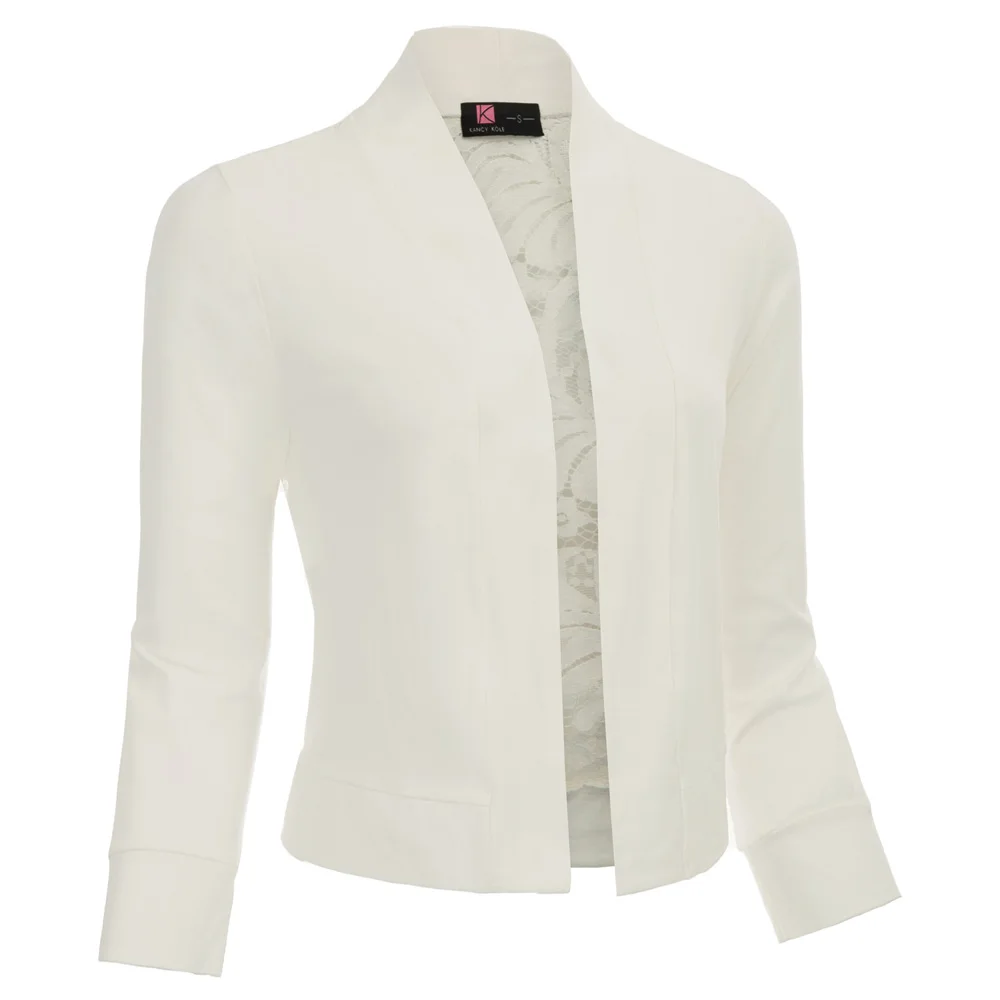 Женский кардиган, Ретро стиль, 3/4 рукав, стоячий воротник, однотонный, элегантный, открытый перед, кружево, сзади, обрезанная длина, жакет-болеро, болеро