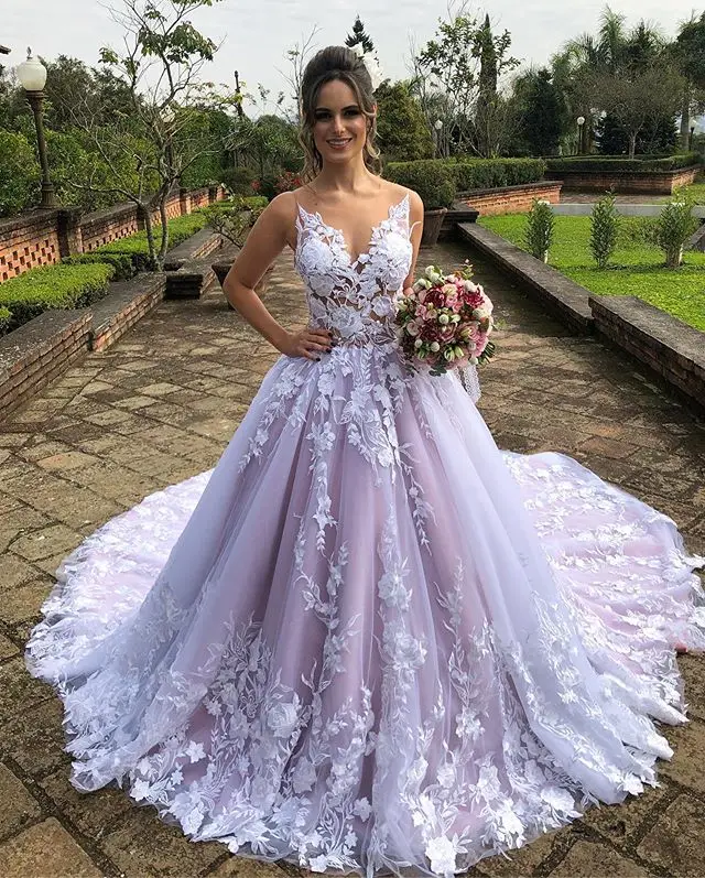 

Vestido De Noiva Sexy Button Cover Back Spaghetti Strap Applique Wedding Dress 2019 Chapel Train Deep V Neck Vestido Longo