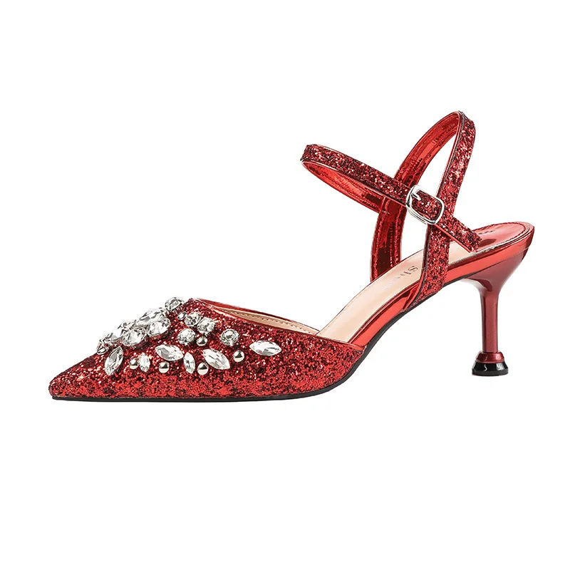 heels 6.5CM Женские Босоножки на каблуке со стразами; обувь на каблуке 6,5 см; вечерние женские босоножки золотого и серебряного цвета; Летние босоножки года; женская свадебная обувь - Цвет: heels 6.5CM