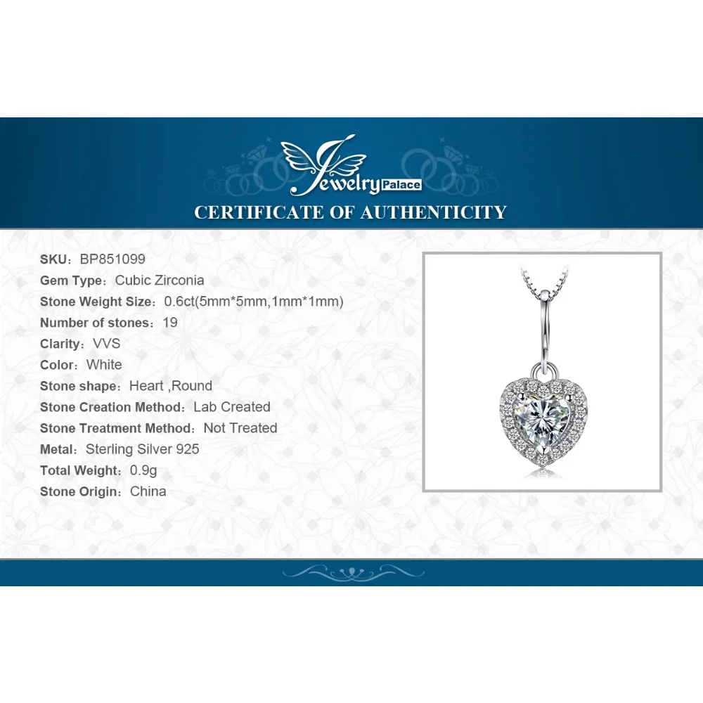 Jewelrypalace сердце любовь 0.6ct Solitaire Подвеска для Для женщин 925 стерлингов Серебряные