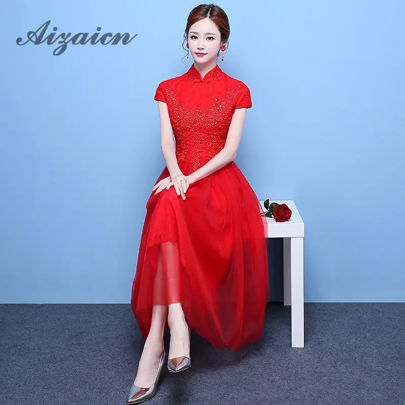 Красное свадебное платье в китайском стиле Cheongsam с коротким рукавом и вышивкой