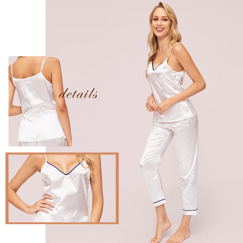 SweatyRocks Белый контрастный бинт атласный Cami PJ набор Спагетти ремень ночная рубашка летние длинные наборы женские элегантные пижамы