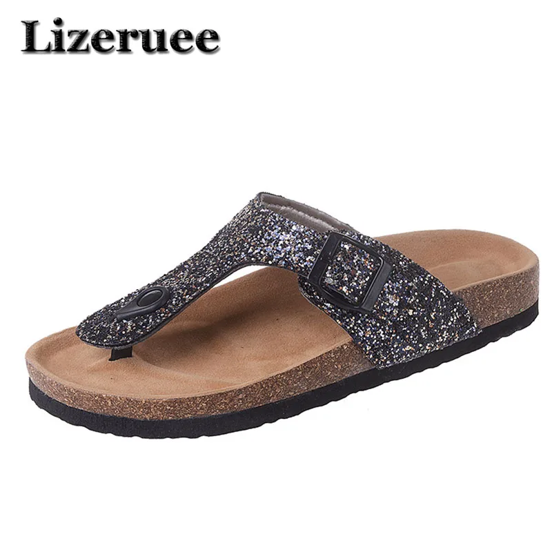 New Bling Beach Cork Flip Flops Slippers 2018 Casual Summer Women Sequins Print Slip on Slides Shoe Plus Size ME149 | Обувь