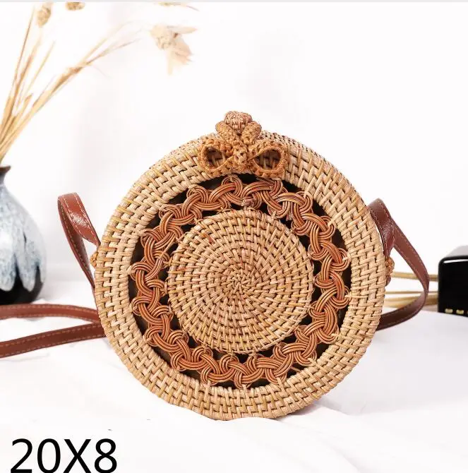 loukong20x8cm INS популярная женская пляжная сумка ручной работы, круглая соломенная сумка на плечо, летняя плетеная Сумка из ротанга, женская сумка-мессенджер - Цвет: loukong20x8cm