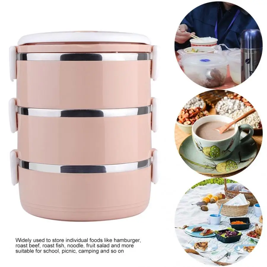 3-слойная термо портативная коробка для хранения еды Ланч-бокс из нержавеющей