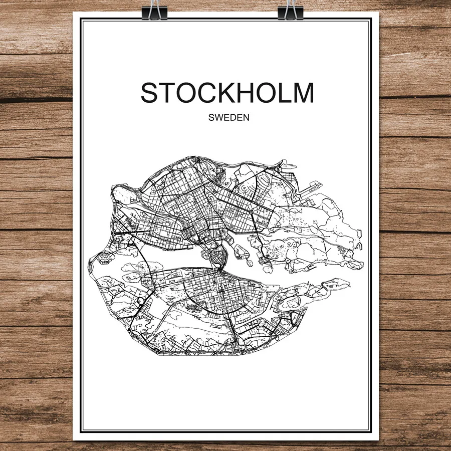 Черный белый цвет карта городов мира Стокгольма Швеции принт с покрытием Бумага