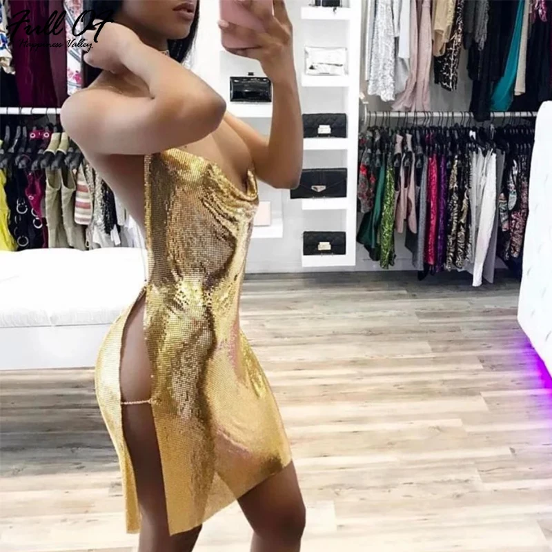 Novelty Sexy Bandage Sleeveless Halter Split Sequins Dress Luxury Backless Metal Chain Night Club Party Dresses 2017 vestidos | Женская