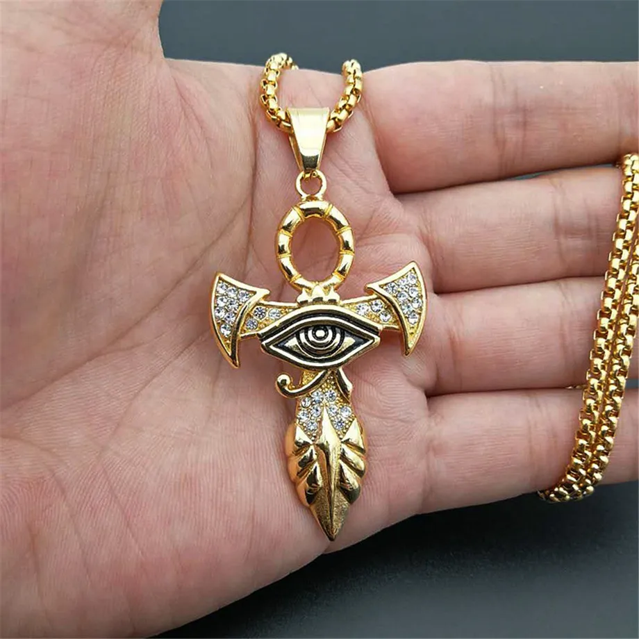 

Iced Out Eye Of Horus Ankh Necklace Hip Hop Cross Pendant & Chain for Men/Women Ancient Egyptian Jewelry Gift Unisex