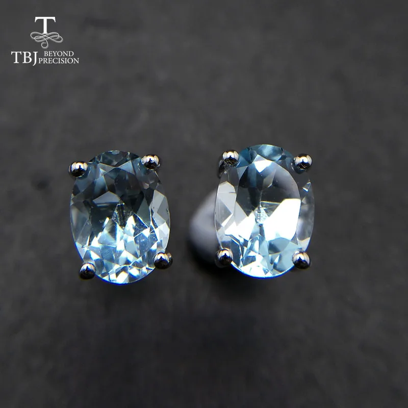 TBJ, простые серьги-гвоздики с натуральным драгоценным камнем из стерлингового серебра 925 пробы с небесно-голубым топазом овальной формы 6*8 мм Серьги для офисных девушек для ежедневного использования