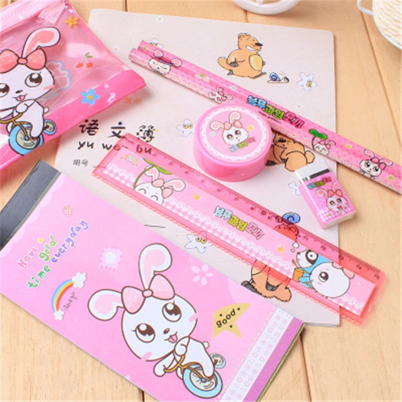 6 in 1 Cute Kawaii Cartoon Rabbit Plastic Stationery Set For Kids Gift School Supplies Free Shipping FSQ808 | Канцтовары для офиса
