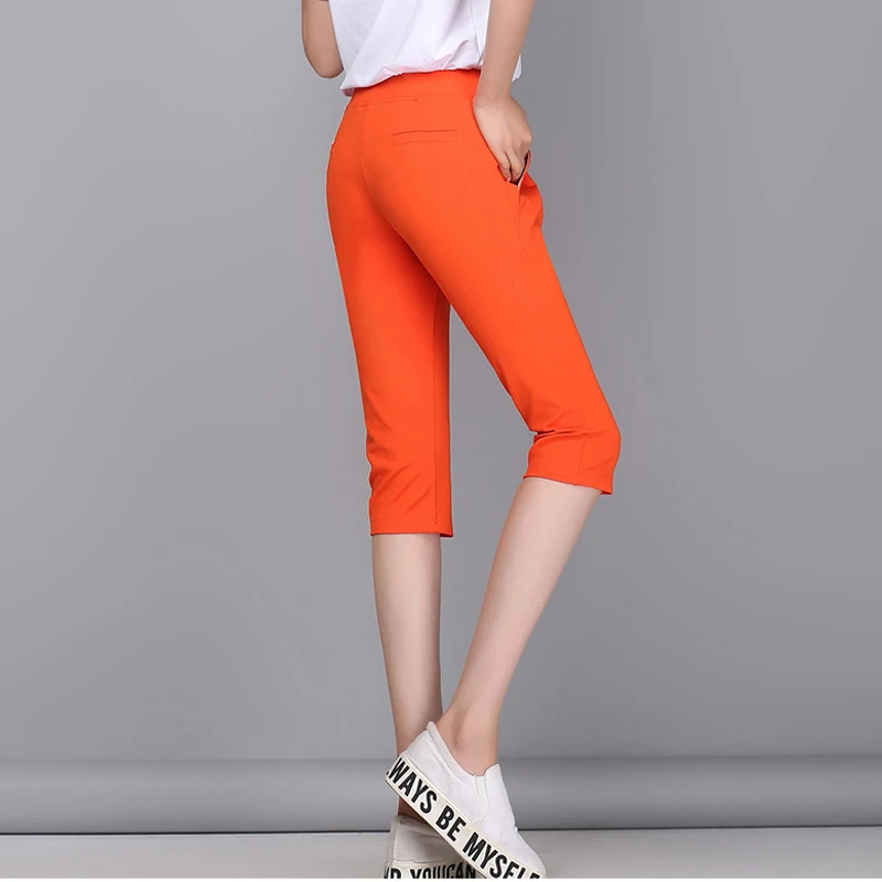 Простые женские шаровары с высокой талией летние брюки 2018 узкие Капри эластичным