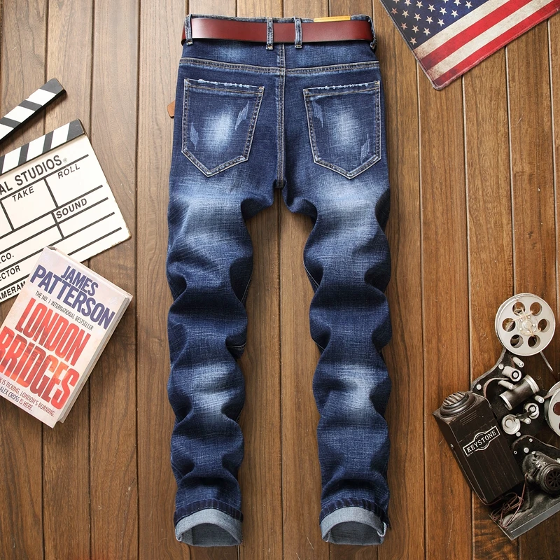 Мужские джинсы с 3d вышивкой синие хлопковые рваные цветочным принтом потертые