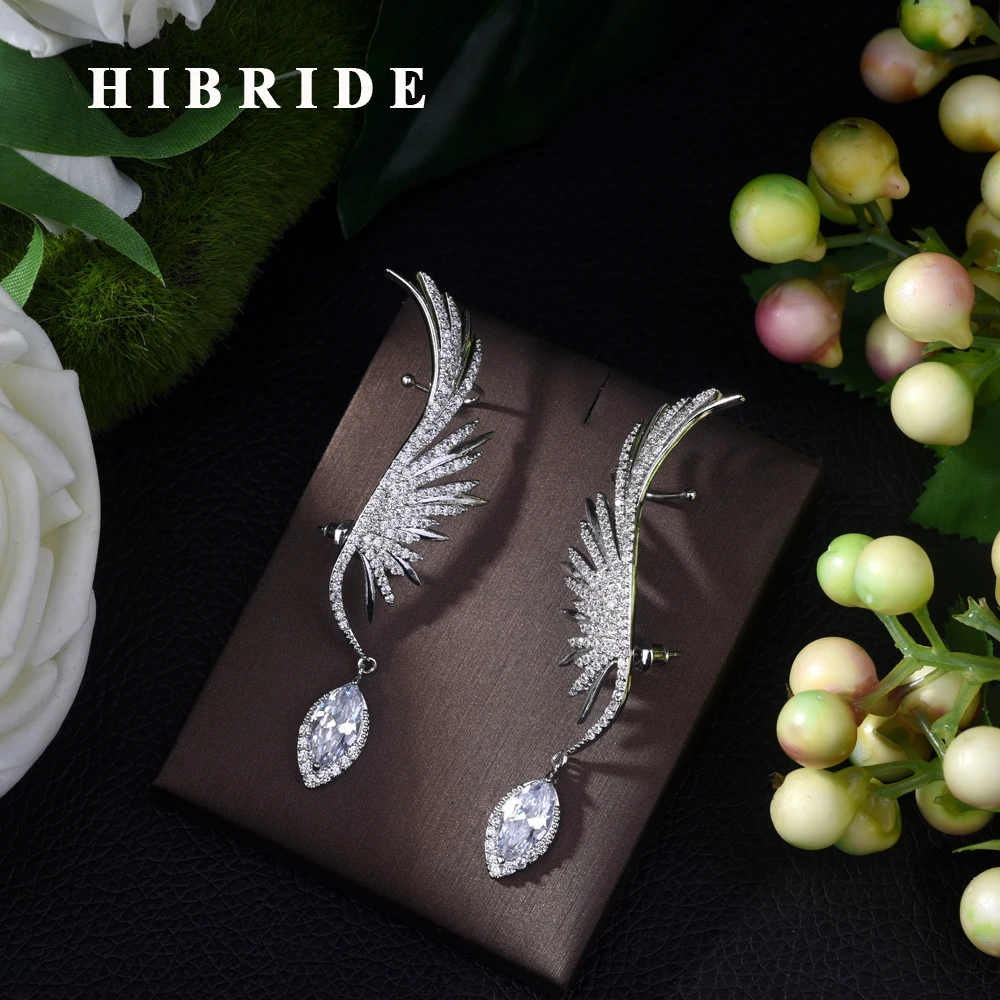 

HIBRIDE Latest Fashion Feather Design Popular Luxury Iregular Geometry Drop Earring Full Cubic Zirconia Pave Earring BijouxE-439