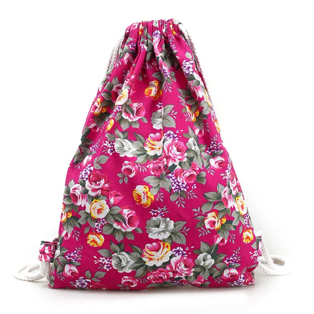 Hot Pink Женский рюкзак на шнурке с цветочным рисунком, модный рюкзак из парусины, спортивная сумка modis, Сумка с карманом, worek plecak sznurek sacos de mu - Цвет: Hot Pink