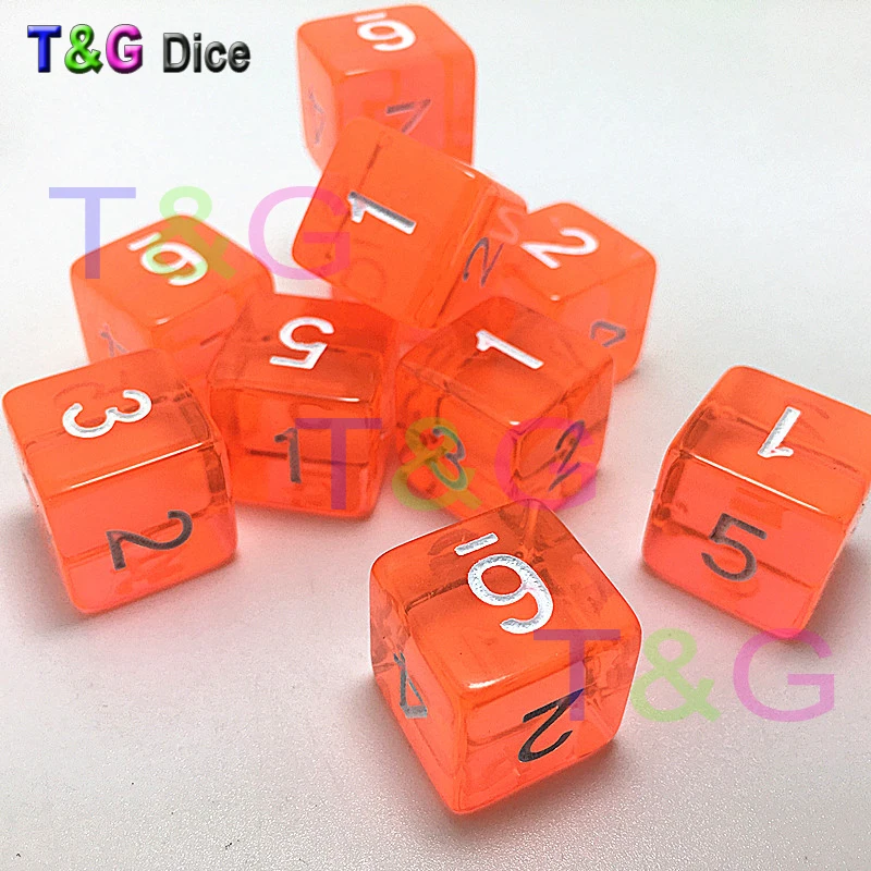 Hop Sales 10pcs/lot 16mm 6 colors transparent colored digital d6 dice,number 1-6 mtg poker,board game dice