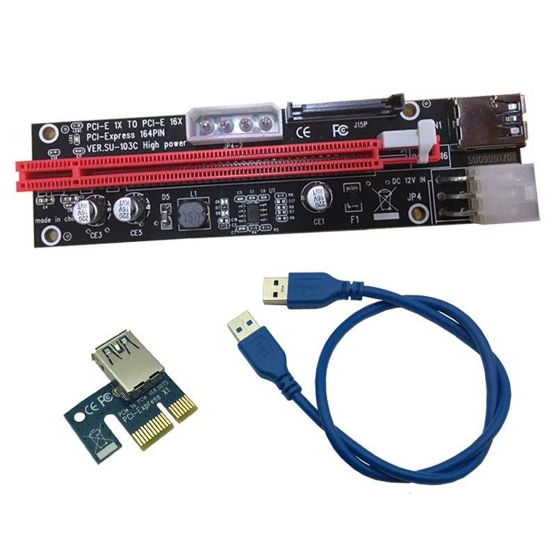 New 60cm PCI-E 1X To 16X PCI-Express 164PIN Riser Card Adapter USB 3.0 LED SATA 4Pin 6Pin High Power For BTC Miner Mining | Компьютеры и