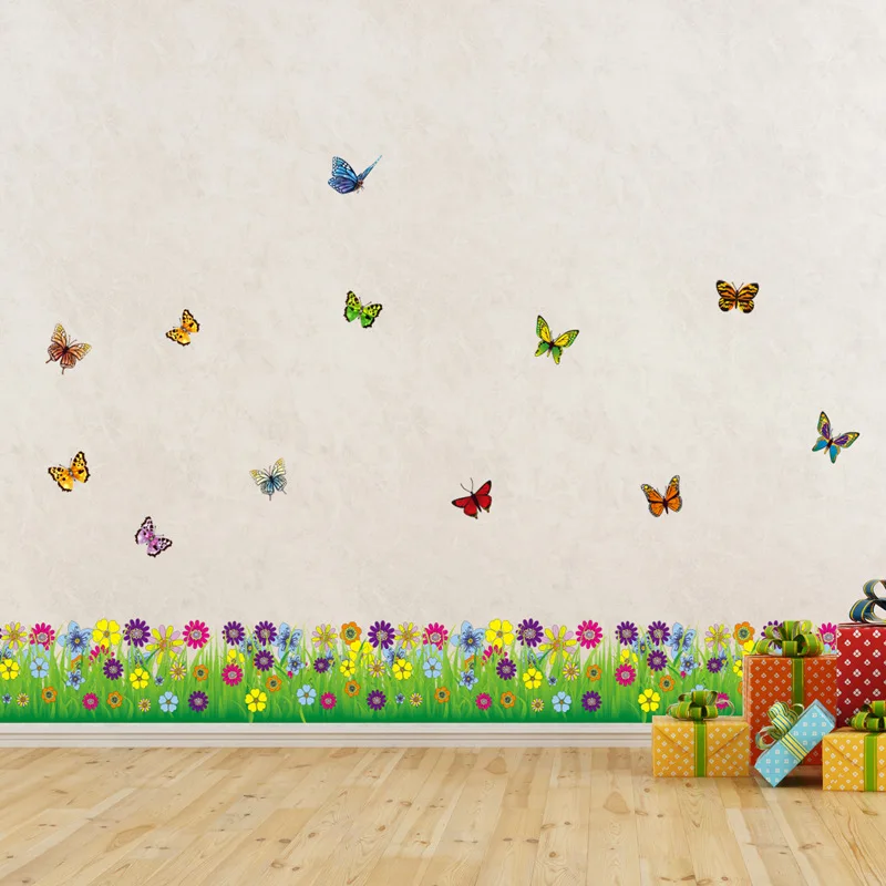 Butterfly Flowers Grass wall stickers Vinyl DIY Decals For Living room Bedroom Kids Baseboard Skirting Decor Murals | Дом и сад