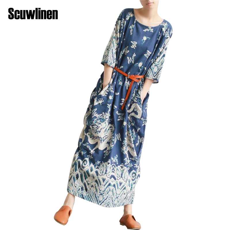 SCUWLINEN Vestidos Повседневное платье 2019 летнее женское с драконом винтажное принтом