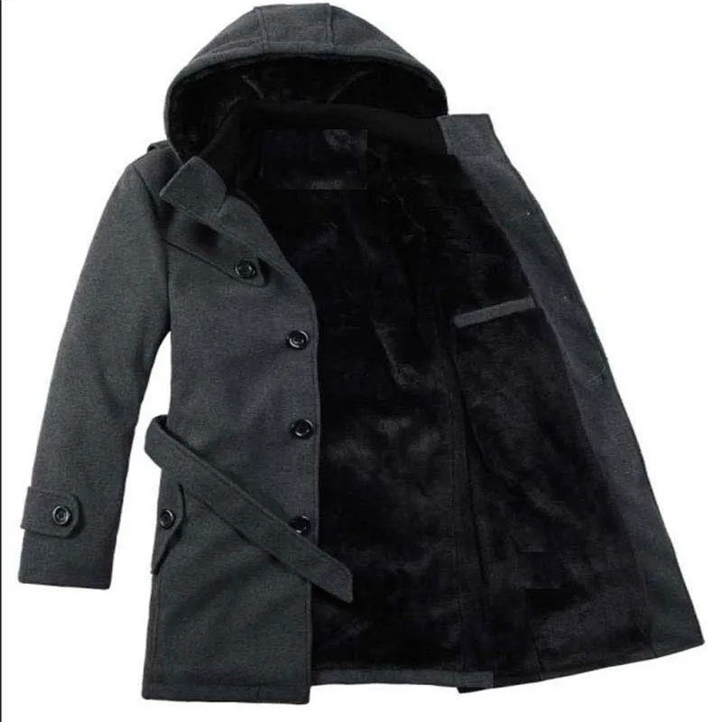 Европейской и американской моды Мужская одежда плюс бархат утолщение ветровка с капюшоном прилив однобортный шерстяное пальто