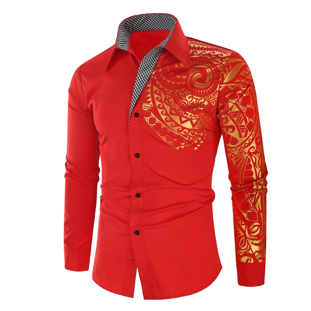 Роскошный золотистый и черный рубашка Для мужчин Slim Fit с длинными рукавами Camisa Masculina золотистый и черный Сорочка мужская, для общественных мест Для мужчин клуб нарядная рубашка - Цвет: Красный