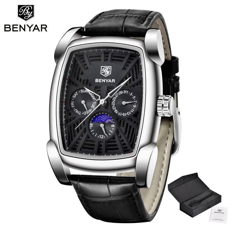 Silver Black Наручные часы мужские Relogio Masculino кварцевые BENYAR модный синий топ бренд роскошный, кожаный, в деловом стиле Moon phanteed часы мужские часы - Цвет: Silver Black