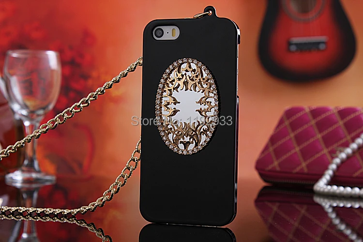 New 2014 Beautiful Electroplate Witch Magic Mirror Hard Cover Case For iphone 5 5s 5g Handbag Style With Gold Metal Chain |
