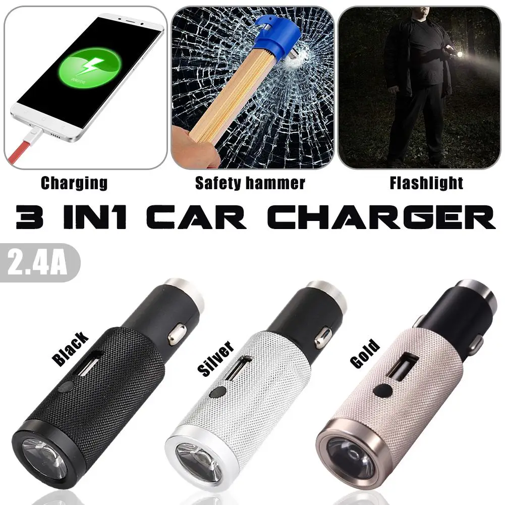 USB Автомобильное зарядное устройство со светодиодным фонариком аварийный