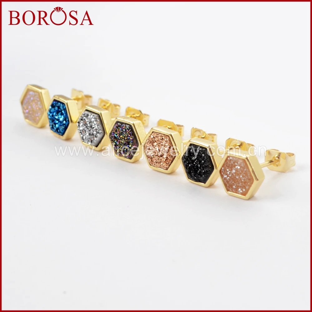 BOROSA 5/10 пар в комплекте; огранка золотого цвета с шестигранной головкой Радужный Титан Druzy Стад Серьги, Модные Ювелирные изделия, серьги из друзы для Для женщин ювелирные изделия ZG0275