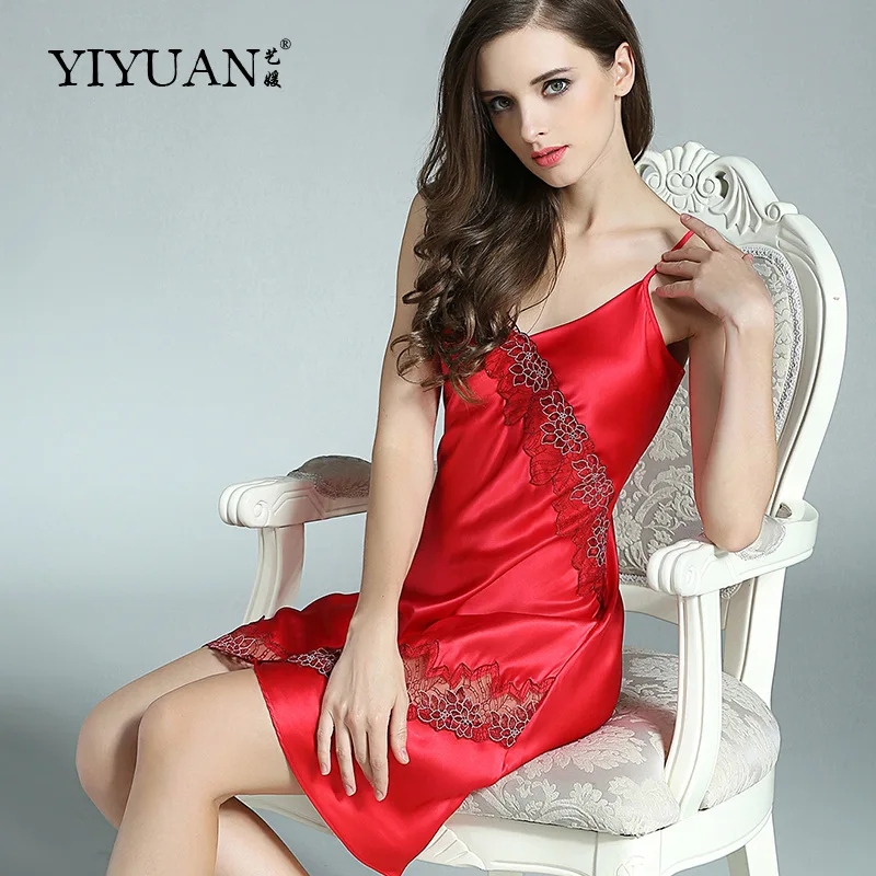 100% Genuine Silk Nightgowns Female Upscale Summer Nightdress Sexy Sleeveless Lace V-Neck Real Silk Satin Sleepwear D33101