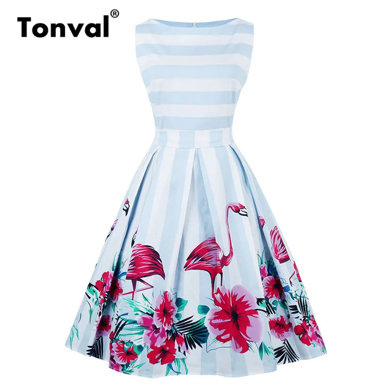 Женское винтажное платье Tonval летнее плиссированное в полоску с цветочным