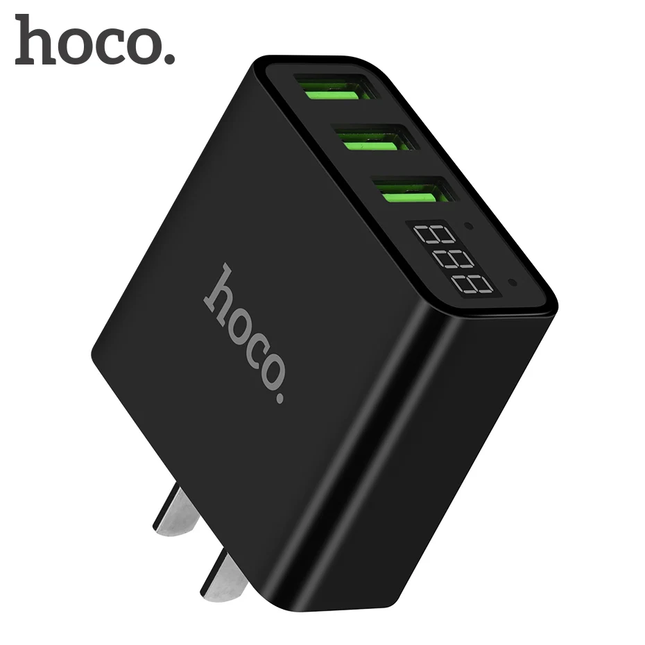 HOCO, 3 порта, USB зарядное устройство для телефона, светодиодный дисплей, штепсельная вилка США, умная быстрая зарядка, мобильное зарядное устройство для путешествий, 5 В, 3 А, для iPhone, телефонов, iPad - Тип штекера: Black