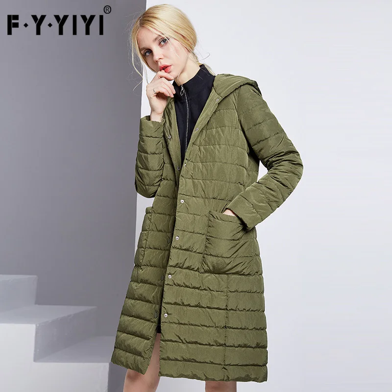 Женский пуховик FYYIYI длинный однобортный с капюшоном Офисная Женская куртка на