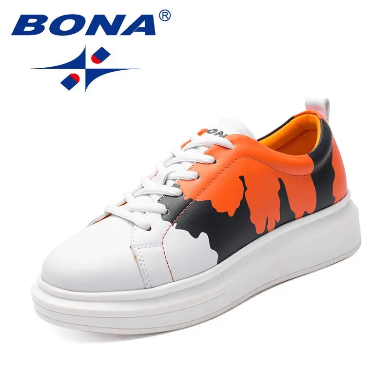 WHITE ORANGE BONA/Новое поступление; женская обувь для скейтбординга в классическом стиле; женская спортивная обувь на шнуровке; женские кроссовки для бега на открытом воздухе из синтетического материала - Цвет: WHITE ORANGE