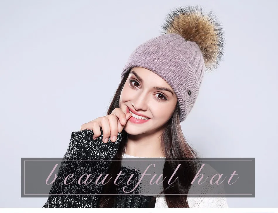 Женские зимние шапки однотонные осень зима настоящий помпон из меха енота Skullies Beanies хлопок шерсть теплая вязаная шапка# MZ750