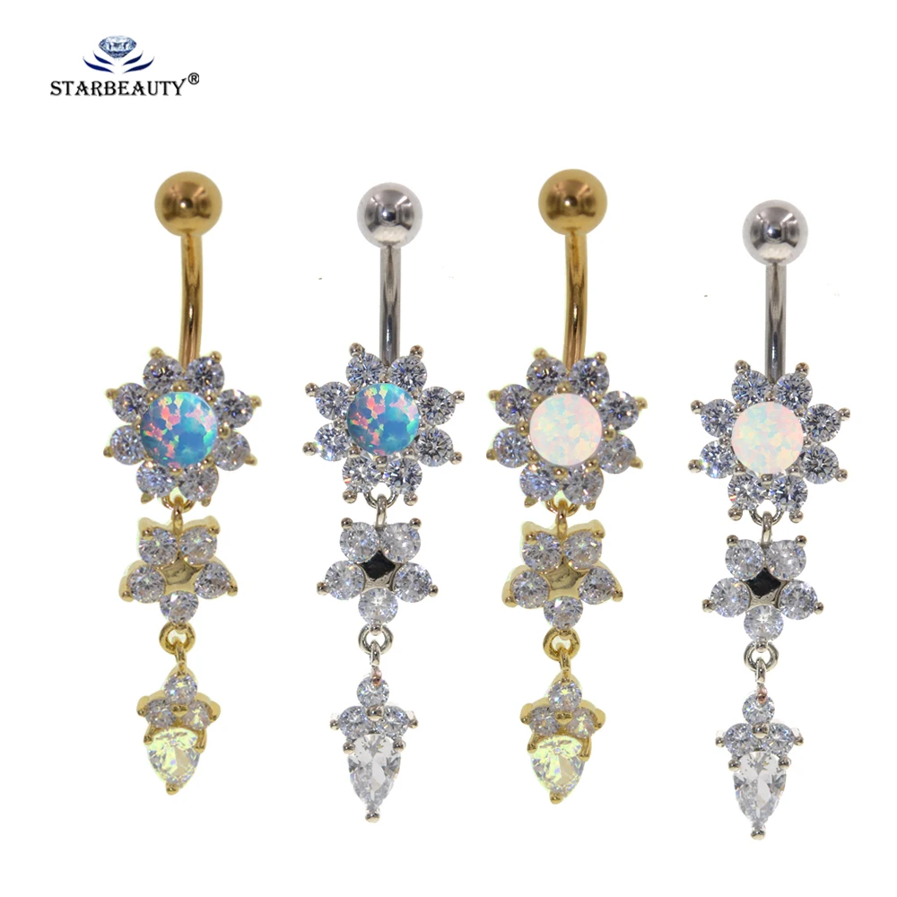 Огненный опал цветок подвеска для живота живот Женское кольцо золотого цвета