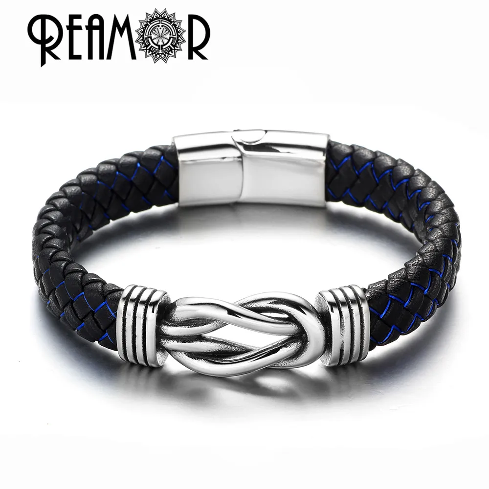 blue silk REAMOR роскошные мужские шелковые плетеные браслеты из натуральной кожи мужские ювелирные изделия 316L браслет женские браслеты с узлом из нержавеющей стали - Окраска металла: blue silk