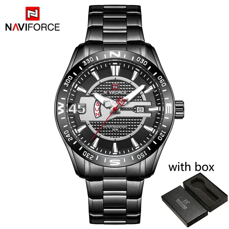 NA915704 with box Мужские часы NAVIFORCE, спортивные водонепроницаемые наручные часы, военные армейские деловые кварцевые мужские часы из нержавеющей стали 9157 - Цвет: NA915704 with box