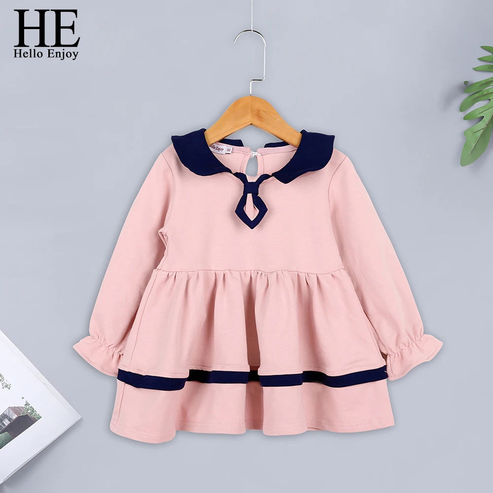 HE Hello Enjoy Girls Party Dress Kids Princess Navy Collar Solid Belle Sweater Spring Autumn Children Girl Wedding | Детская одежда и