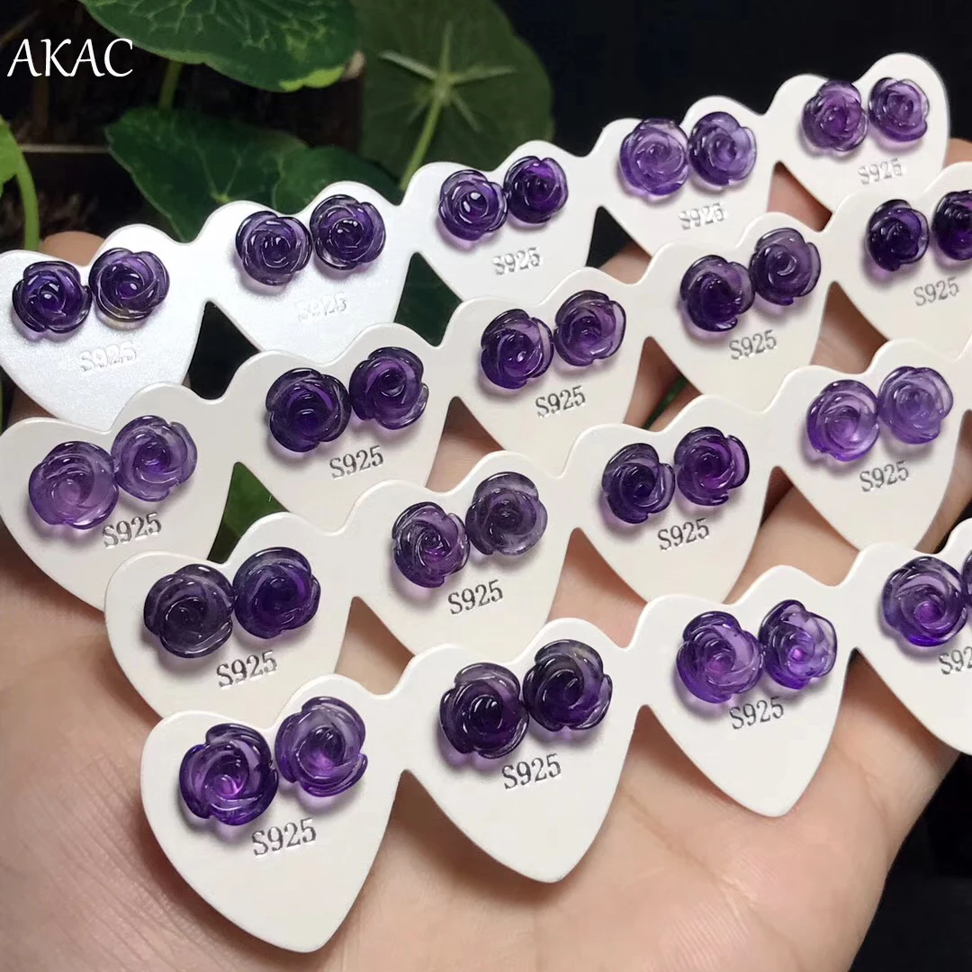Женские серьги гвоздики с натуральным аметистом и розами простой дизайн 2