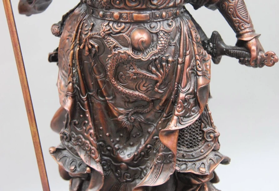 21 &quotКитайская бронзовая Медь девять Дракон Гуань Гонг Ю Бог 5 флаг держать меч