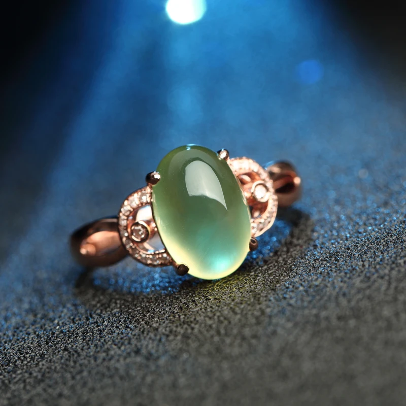 Natural Green prehnite 8*10mm Oval Shape 9k Rose Gold Ring set with Moissanite Accents Top quality Fine women's jewelry | Украшения и