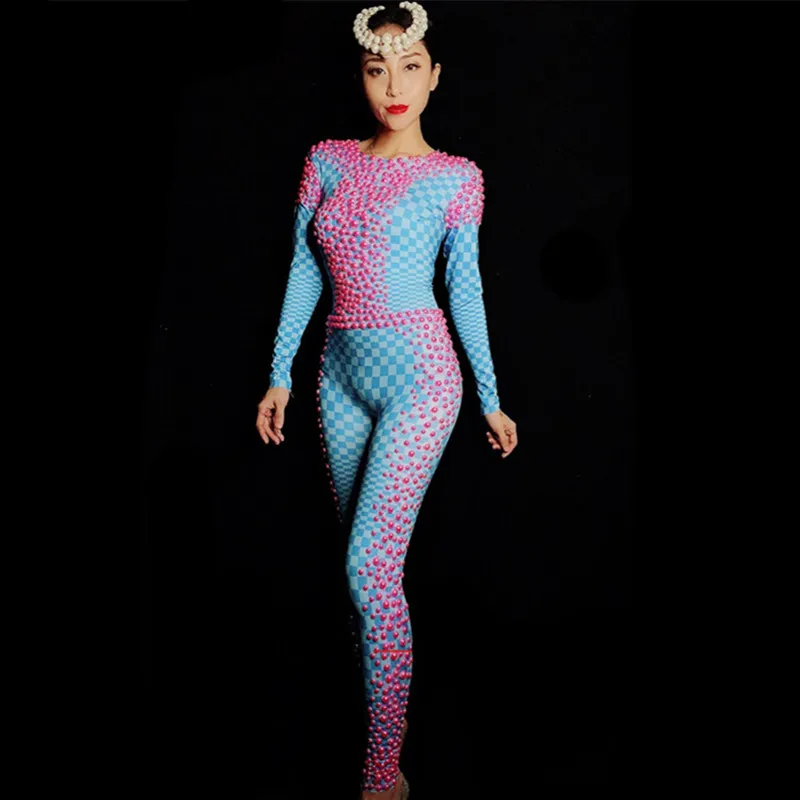 

Pink Blue Pearls Elastic Skinny Jumpsuit Women Singer Host Stage Outfit Nightclub Bar Party Birthday Celebration Dance Costume