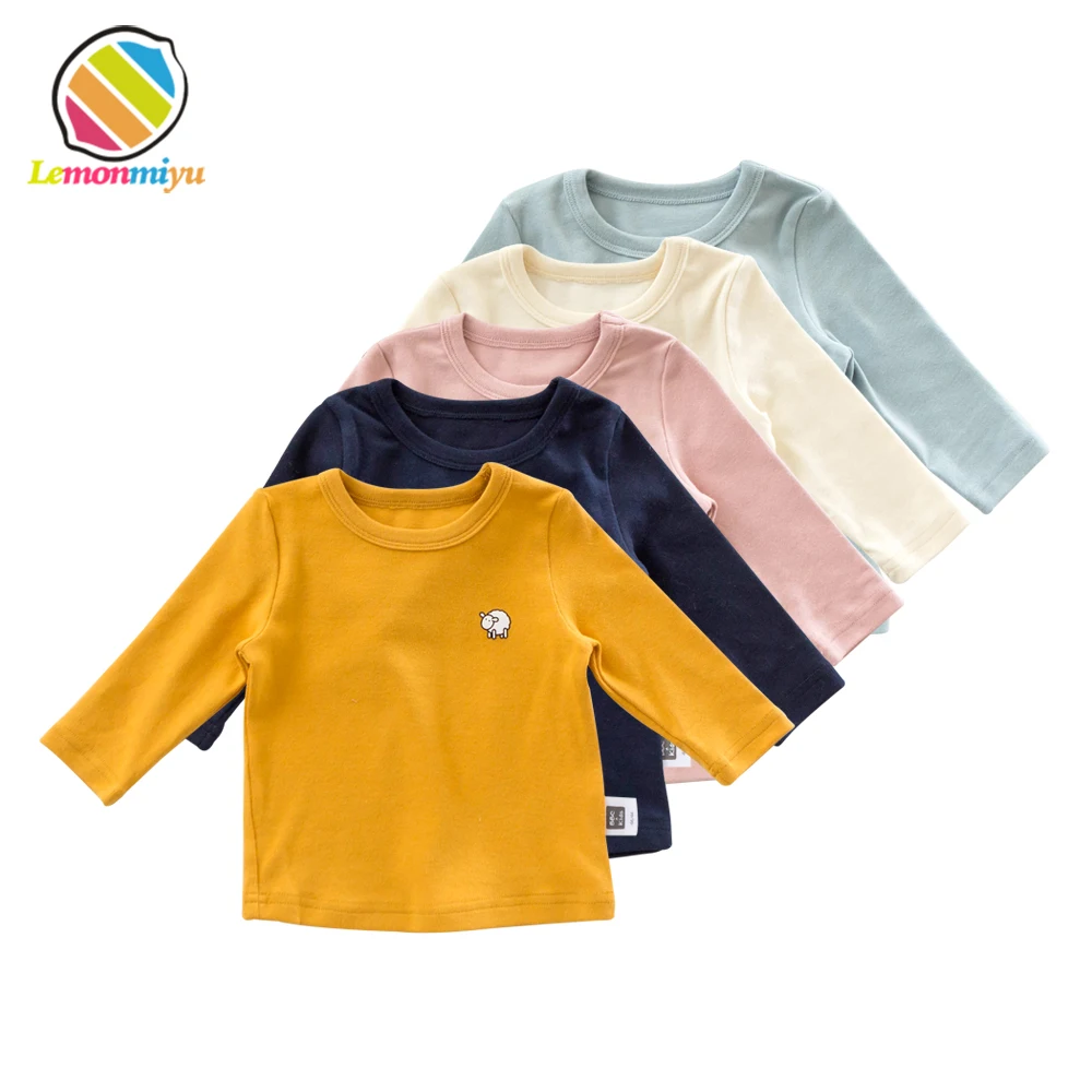 Lemonmiyu/Хлопковые Весенние футболки для малышей; однотонные топы с круглым вырезом и рисунком животных; мягкие свитера с длинными рукавами; осенние детские футболки с героями мультфильмов