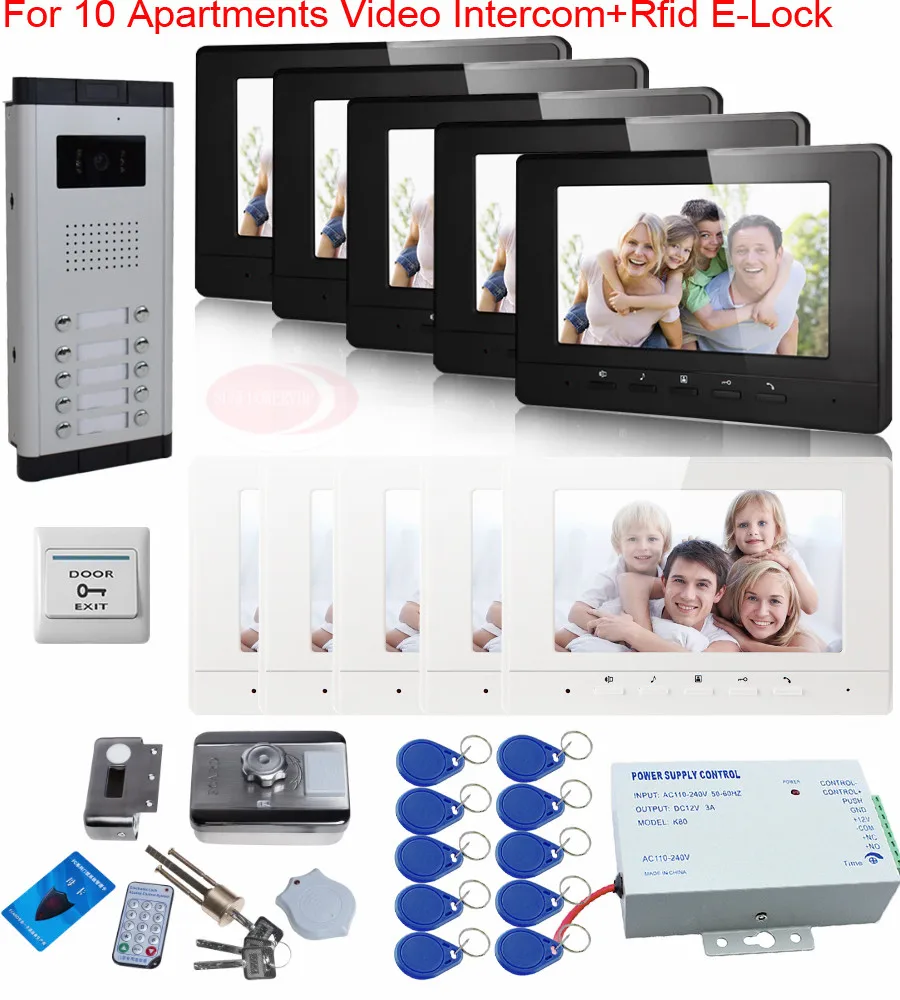 

Новейший видеодомофон с видеодомофоном для 10 квартир + Rfid Электрический замок + 7-дюймовый Tft цветной ЖК-дисплей + источник питания с контроле...