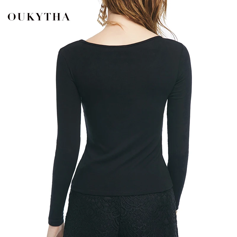 Oukytha Лето г. Повседневное Slim Fit Одежда с длинным рукавом v-образным вырезом Топы и футболки для женщин хлопок плотная черная рубашка с молнией для дам M15288