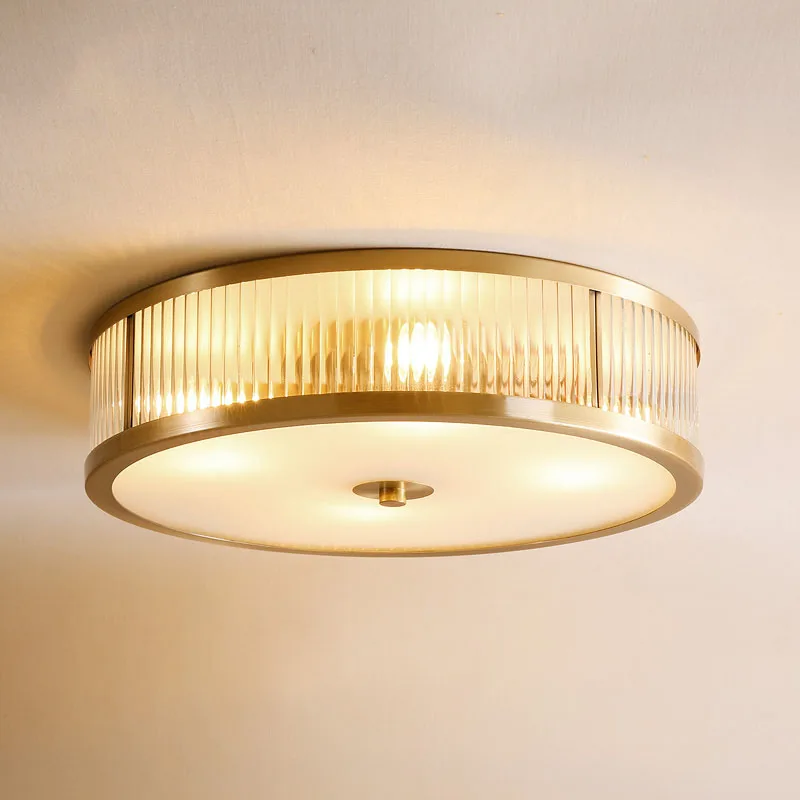 

American All Copper Round Ceiling Light D 35cm 45cm Glass Ceiling Lamp Living Room Bedroom Lamppara De Techo Home Lighting F127