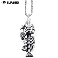 mens stainless steel chain silver fish bones pendant necklace fashion jewelry
