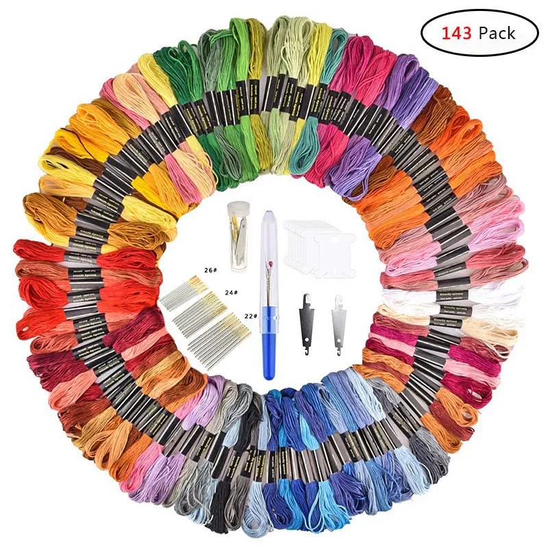 143 Pcs Набор для вышивания, Набор для вышивания крестиком, 50/100 цветных ниток для вышивания, бамбуковые обручи для вышивания, набор для шитья/инструменты для вышивки крестом - Цвет: 143 Pcs